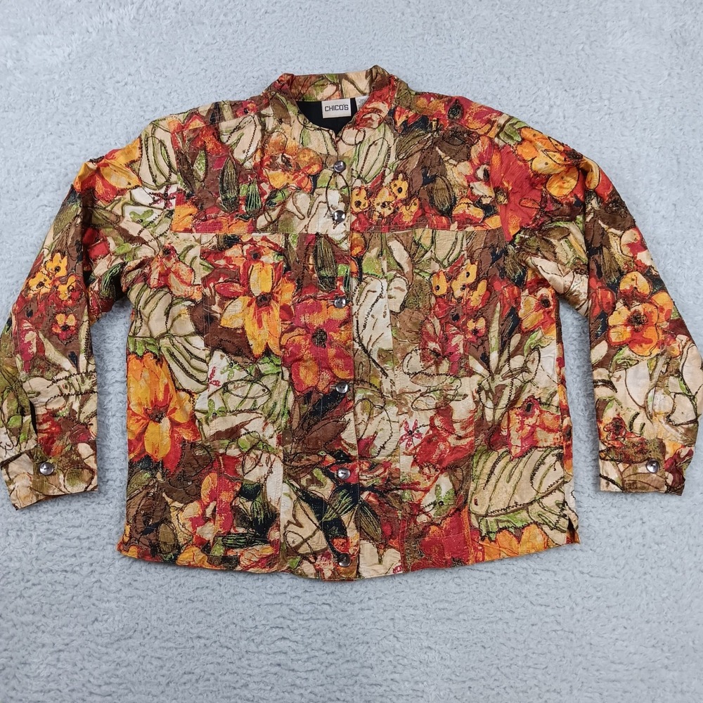 Chicos Jacket Women Size 2 Multicolor Silk Blend Floral Metallic Button Up
